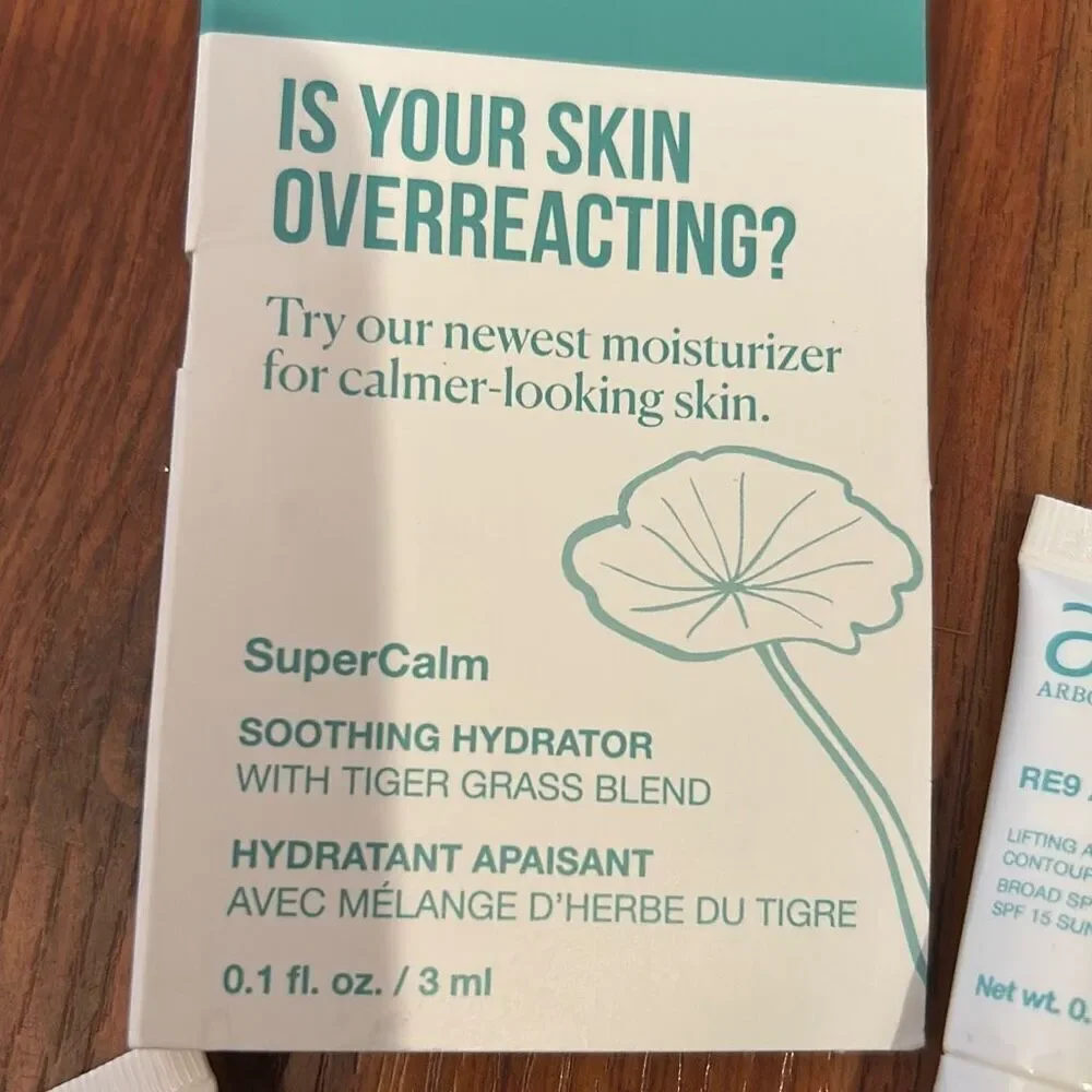 NEW arbonne 4 pcs sample set. RE9 advanced SPF 15 sunscreen and super calm